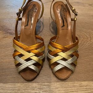 Belle Sigerson Morrison Metallic Gold Silver Bronze Heel Ankle Strap Sandal